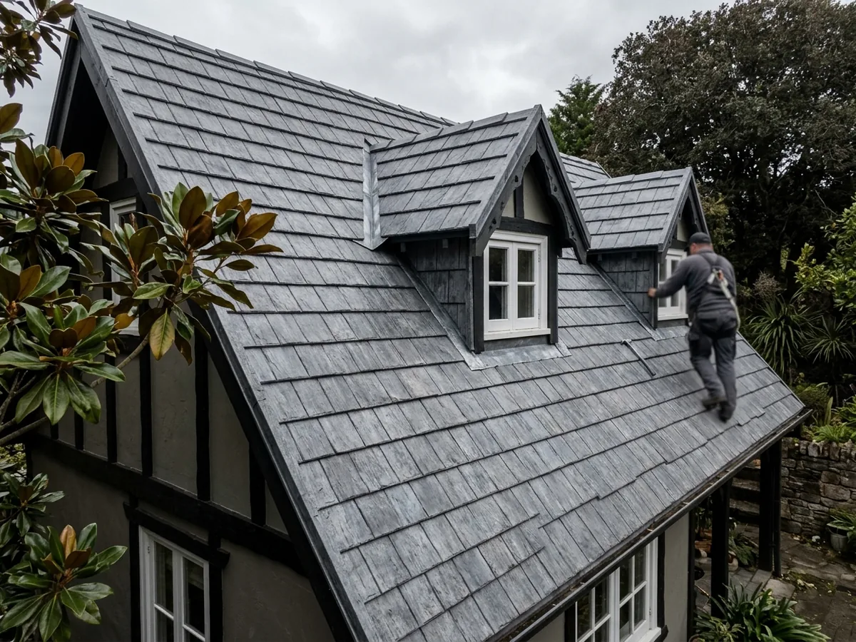Stamped aluminum shingles embossed to look like slate in a weathered gray color on a steep cottage roof with dormers