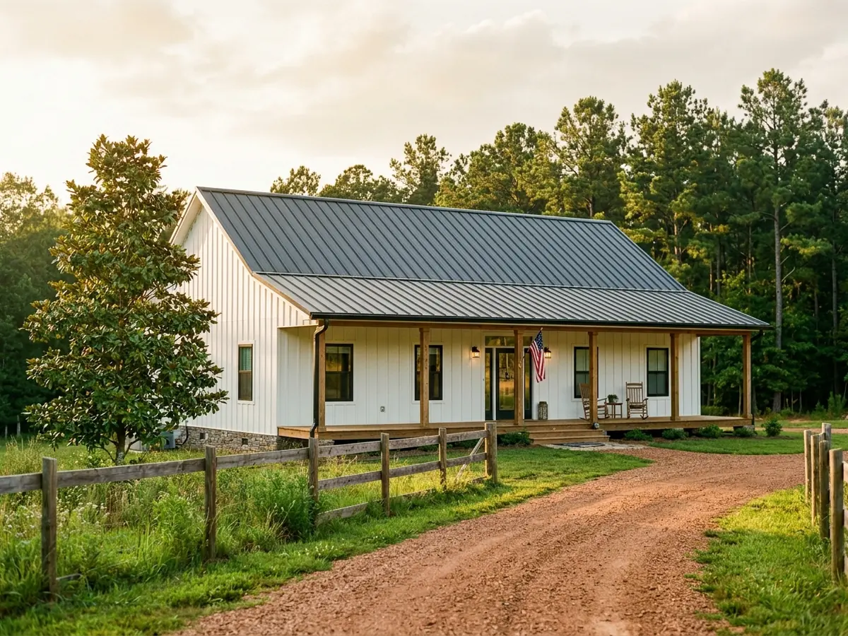 Barndominium with a charcoal standing seam metal roof and a deep front porch, brick-red soil drive and a pasture fence in front