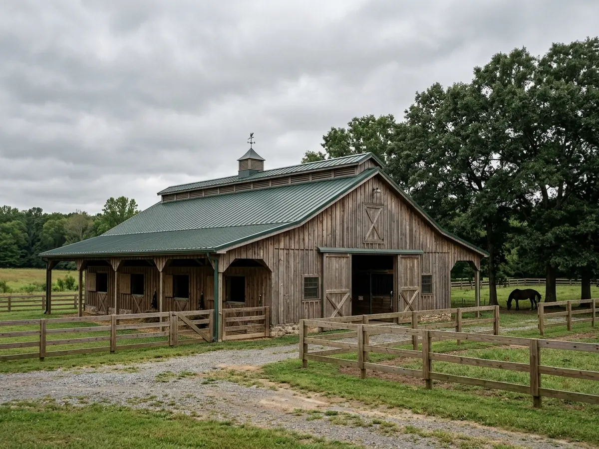 Center-aisle horse barn with a dark green metal roof, open stall doors along the aisle, and a ridge vent running the length of the roof