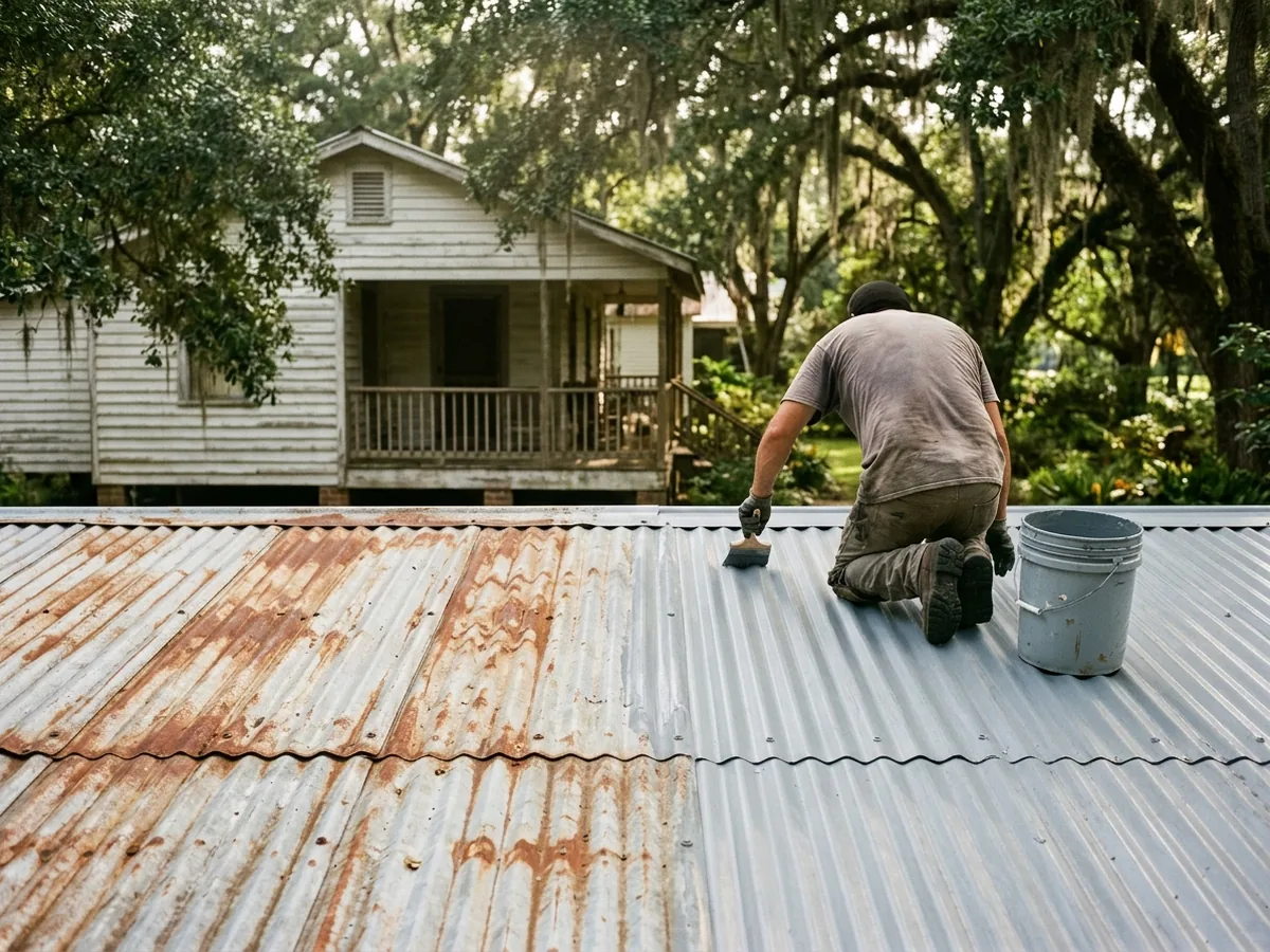 Worker seen from behind brushing rust-inhibiting primer over orange surface rust on the laps of an old corrugated metal porch roof, half the roof already primed grey