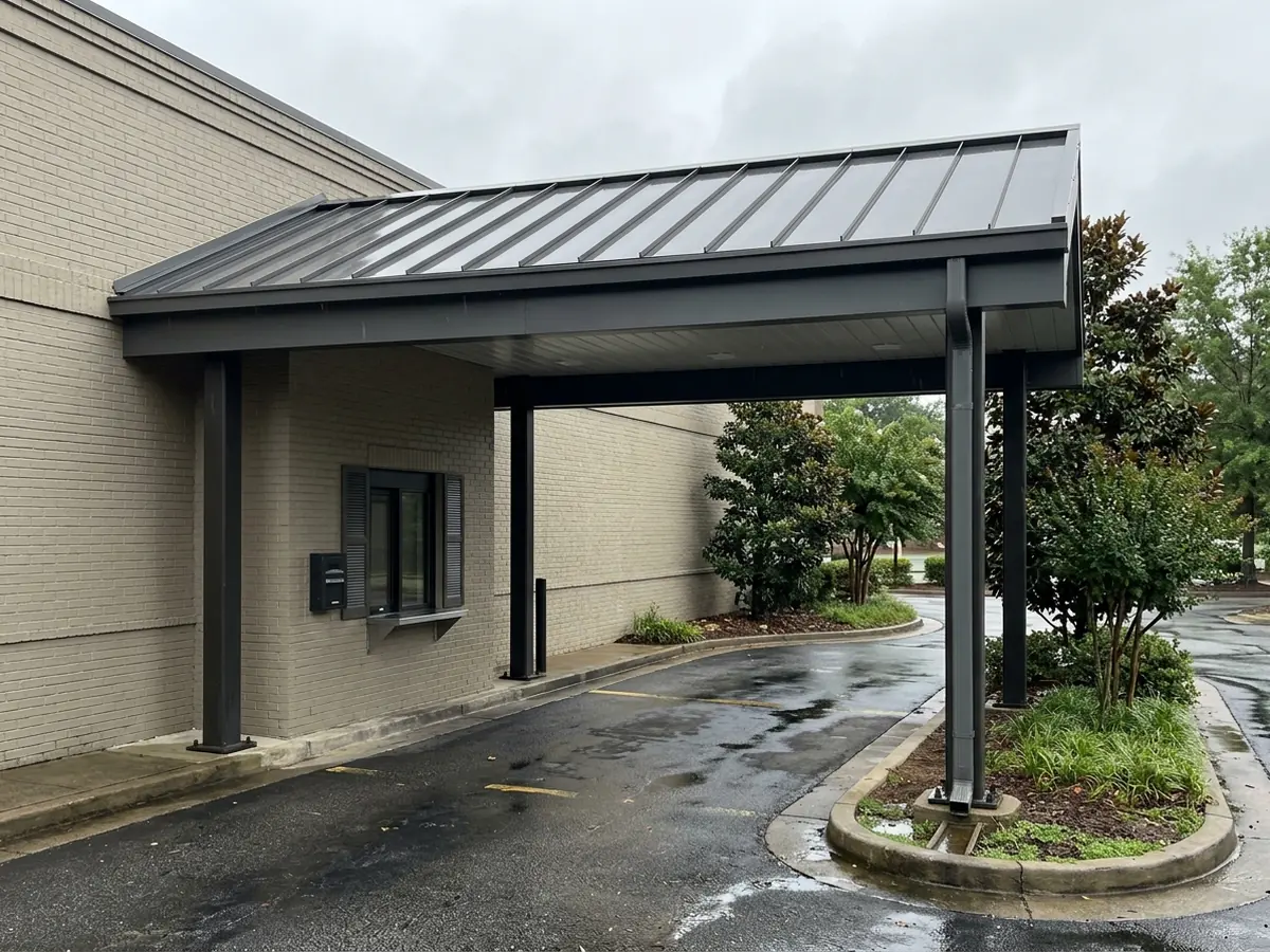 Standing seam metal canopy on steel posts over a restaurant drive-thru lane, with the gutter hidden inside the fascia