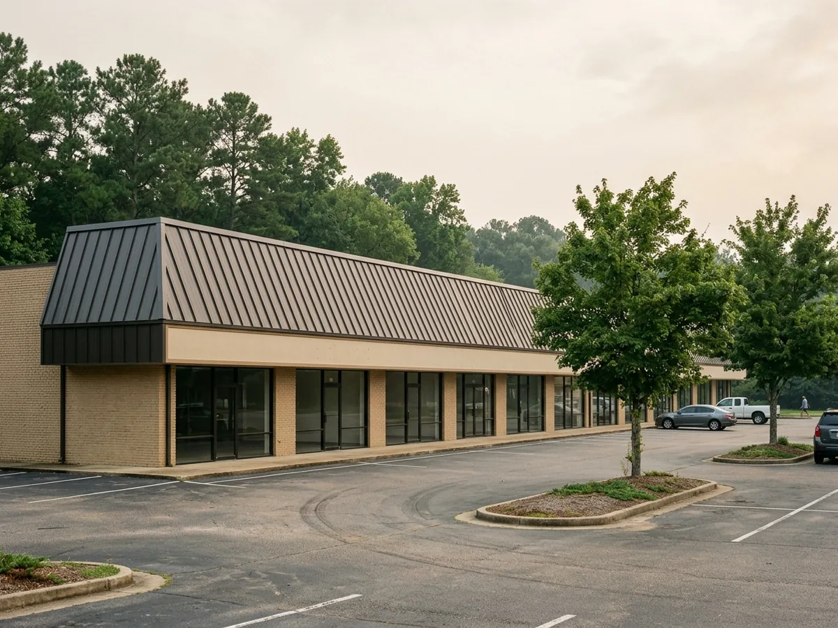 Single-storey strip center with a dark bronze standing seam metal mansard above a row of plain glass storefronts