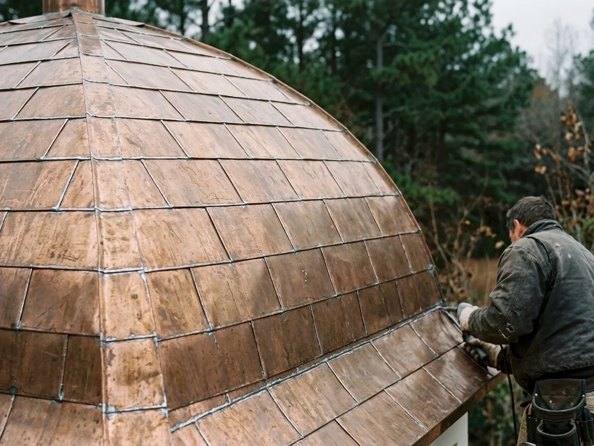 Small flat-seam copper pans soldered together on the curved roof of a garden cupola, pine trees behind