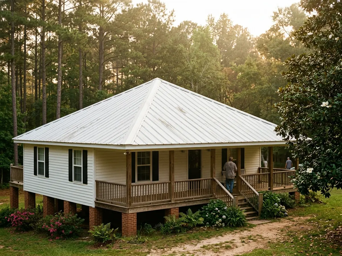 Painted white 5-V crimp metal roof with five evenly spaced V ribs per panel on a raised cottage with a deep front porch, loblolly pines behind