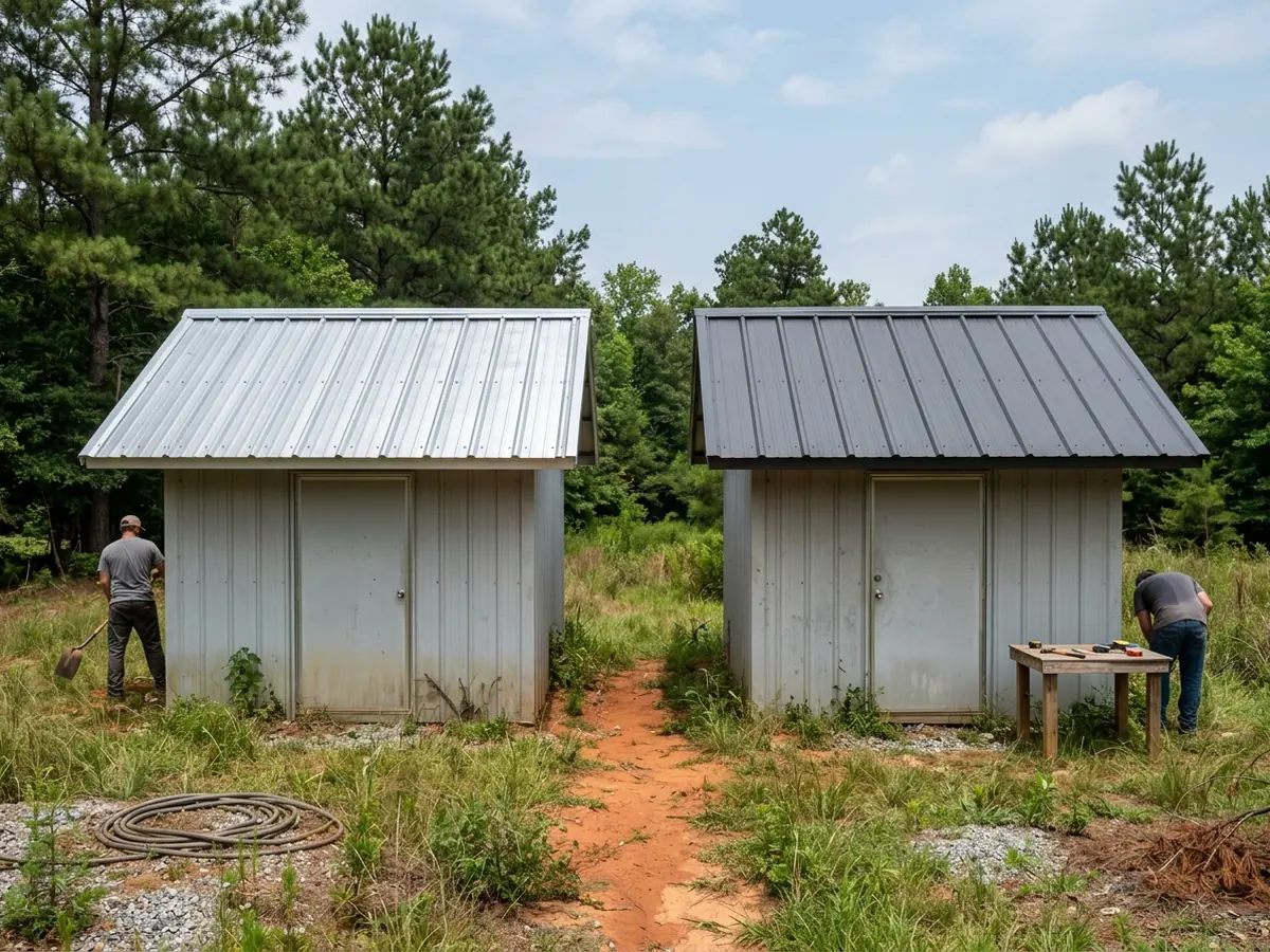 Two adjacent metal outbuildings, one roofed in bare silver Galvalume R-panel and one in painted charcoal R-panel, under hazy summer sky