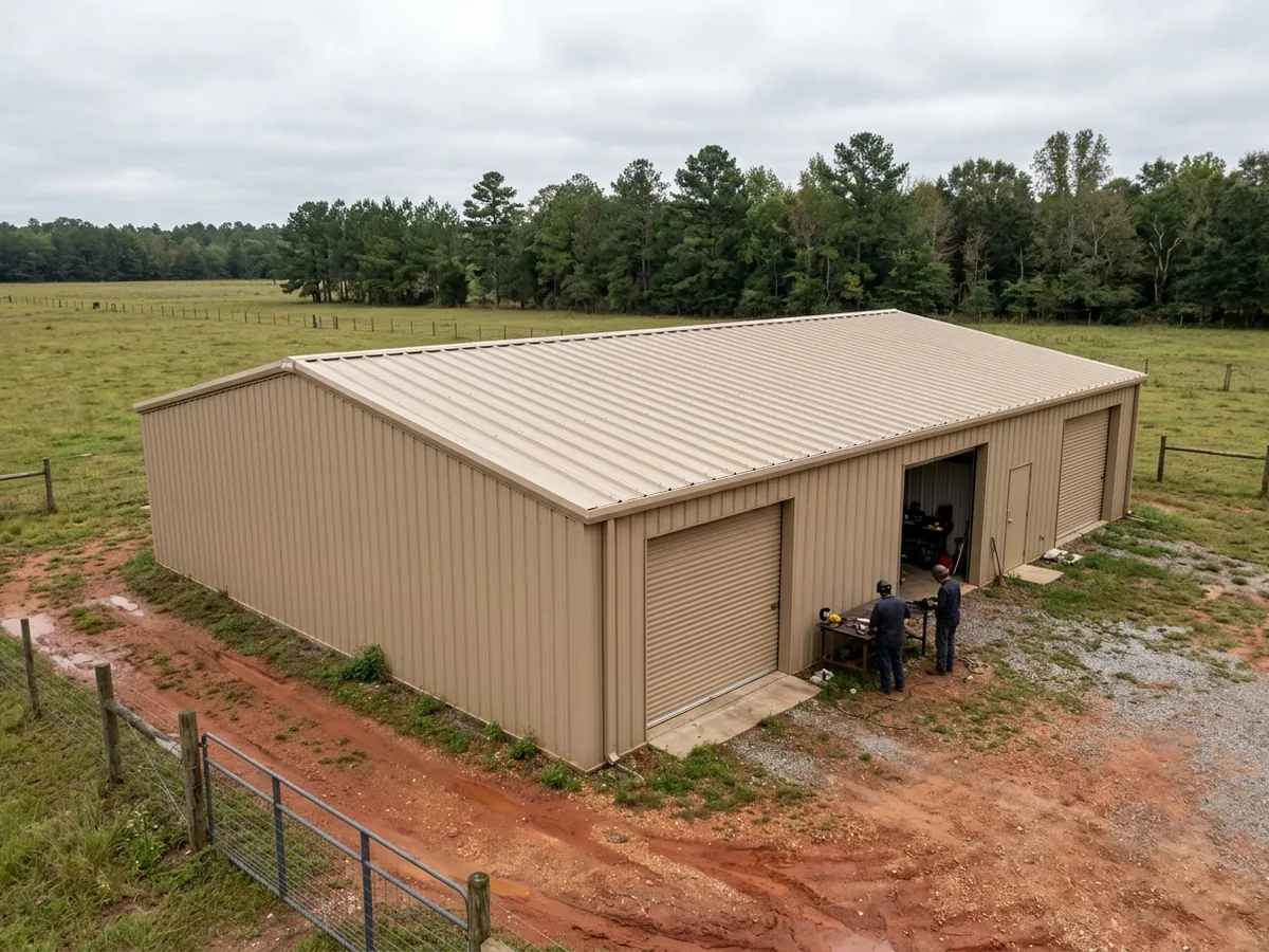 Tan R-panel metal roof with tall trapezoidal ribs on a metal shop building beside a pasture, red clay drive in front