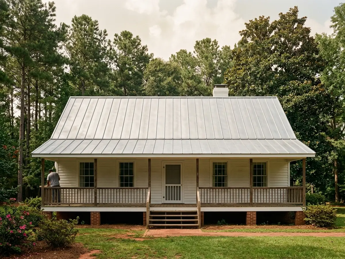 Bare silver Galvalume standing seam roof on a white raised cottage with a deep front porch