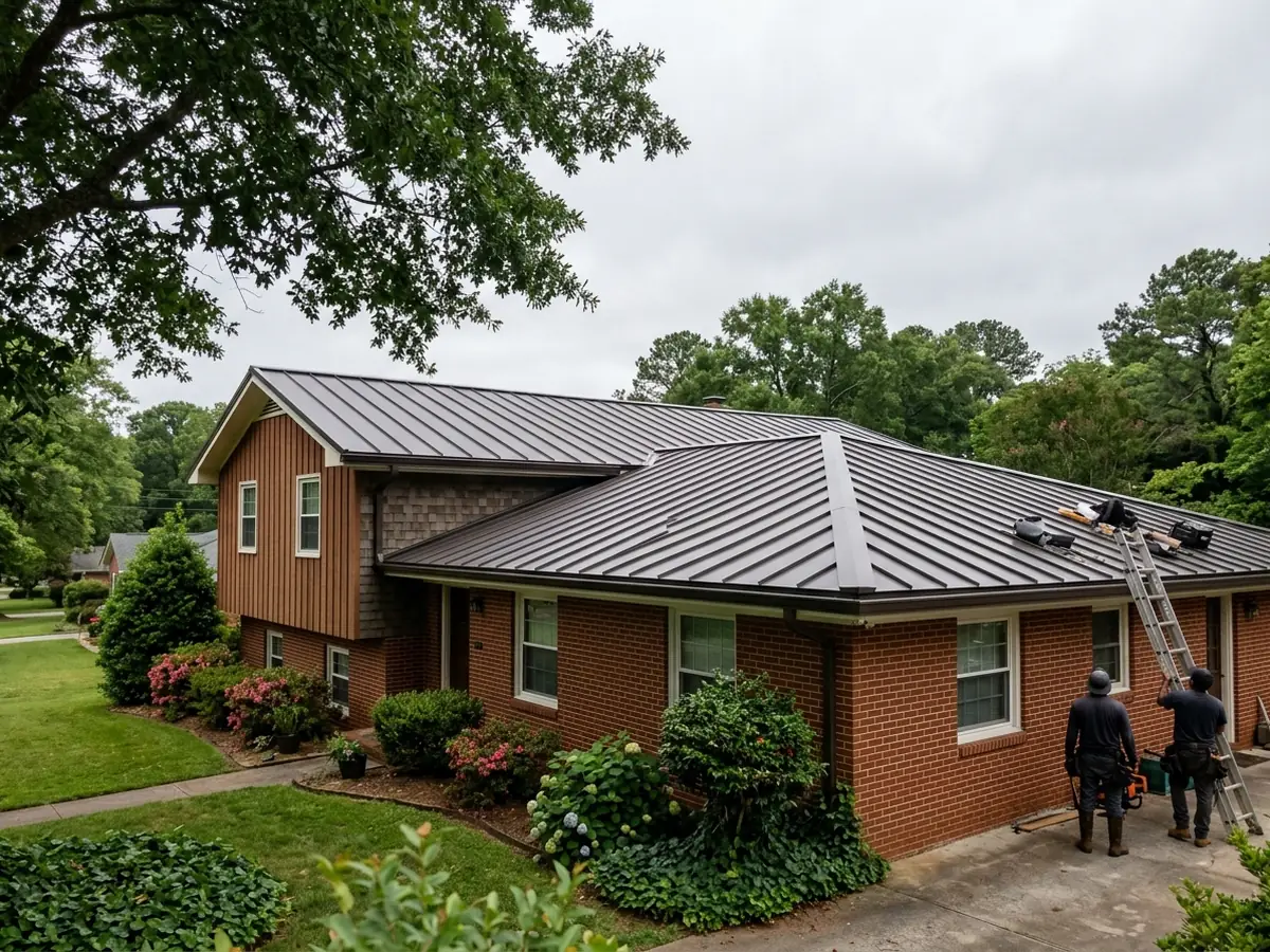 Dark bronze painted standing seam panels on a brick split-level house, seen from the side yard