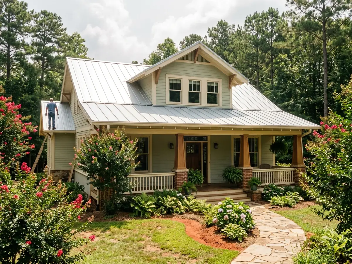 Light gray painted metal roof on a craftsman bungalow with a deep porch under hazy summer light