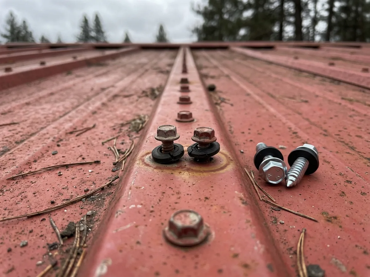 Close view of a row of exposed roof screws along a rib of a faded red metal roof, two of them backed out with cracked rubber washers beside fresh replacement screws