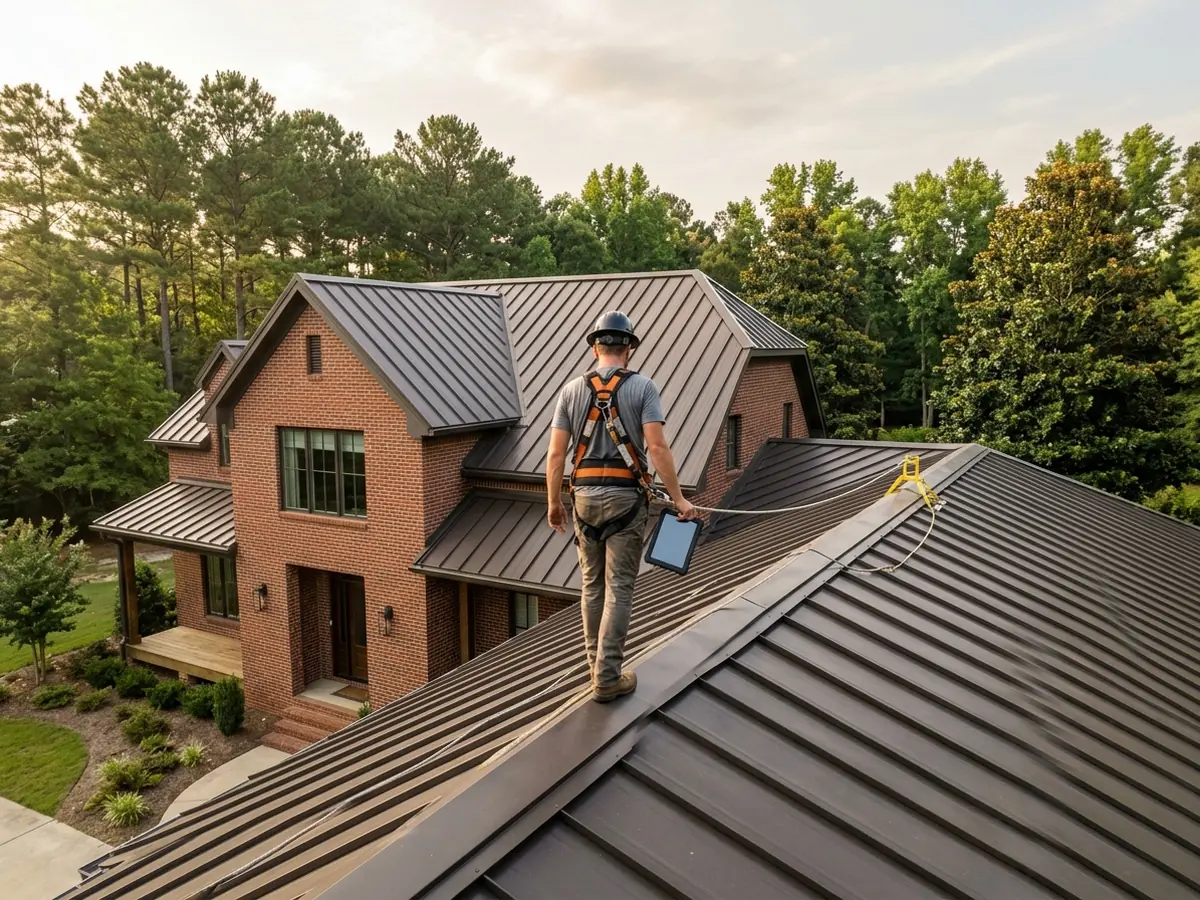 Roofer seen from behind walking the seam line of a bronze standing seam roof on a two-storey brick house, a tablet in one hand, pines in the background