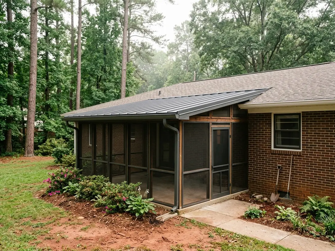 Low-pitched charcoal standing seam roof over a screened back porch attached to a brick ranch house, pine trees behind