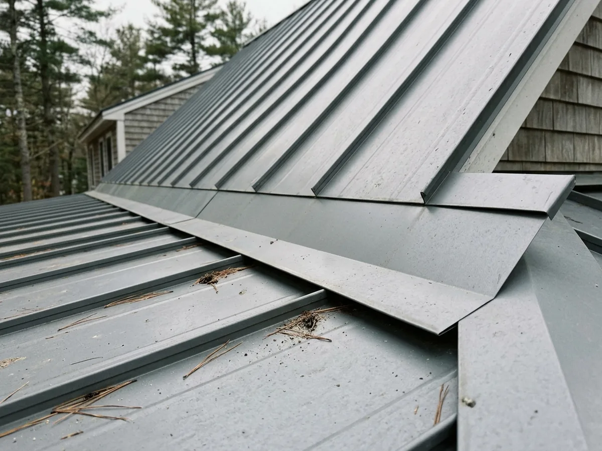 Close view of a bent metal transition flashing where a nearly flat porch roof meets a steeper main roof