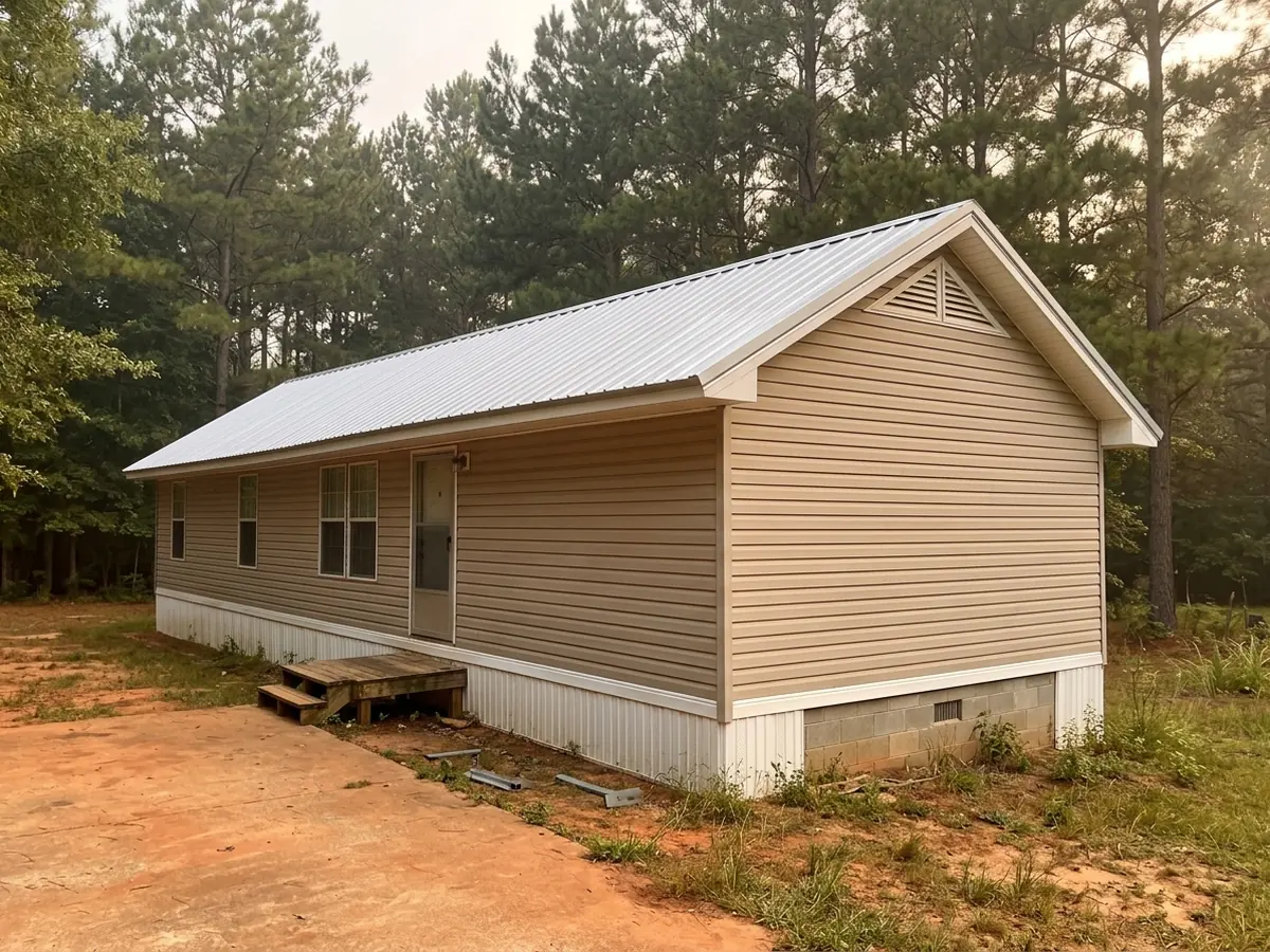 Single-section manufactured home on a skirted block foundation with a new pitched silver metal roof and wide eaves built over its old flat roof, pines behind