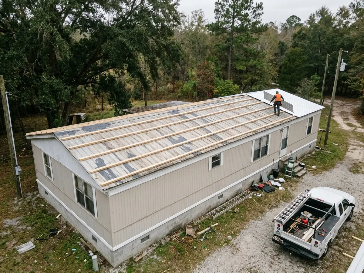 New wood purlins laid in rows across the faded curved metal roof of a manufactured home on a skirted block foundation, with the first new white ribbed panels screwed on at one end