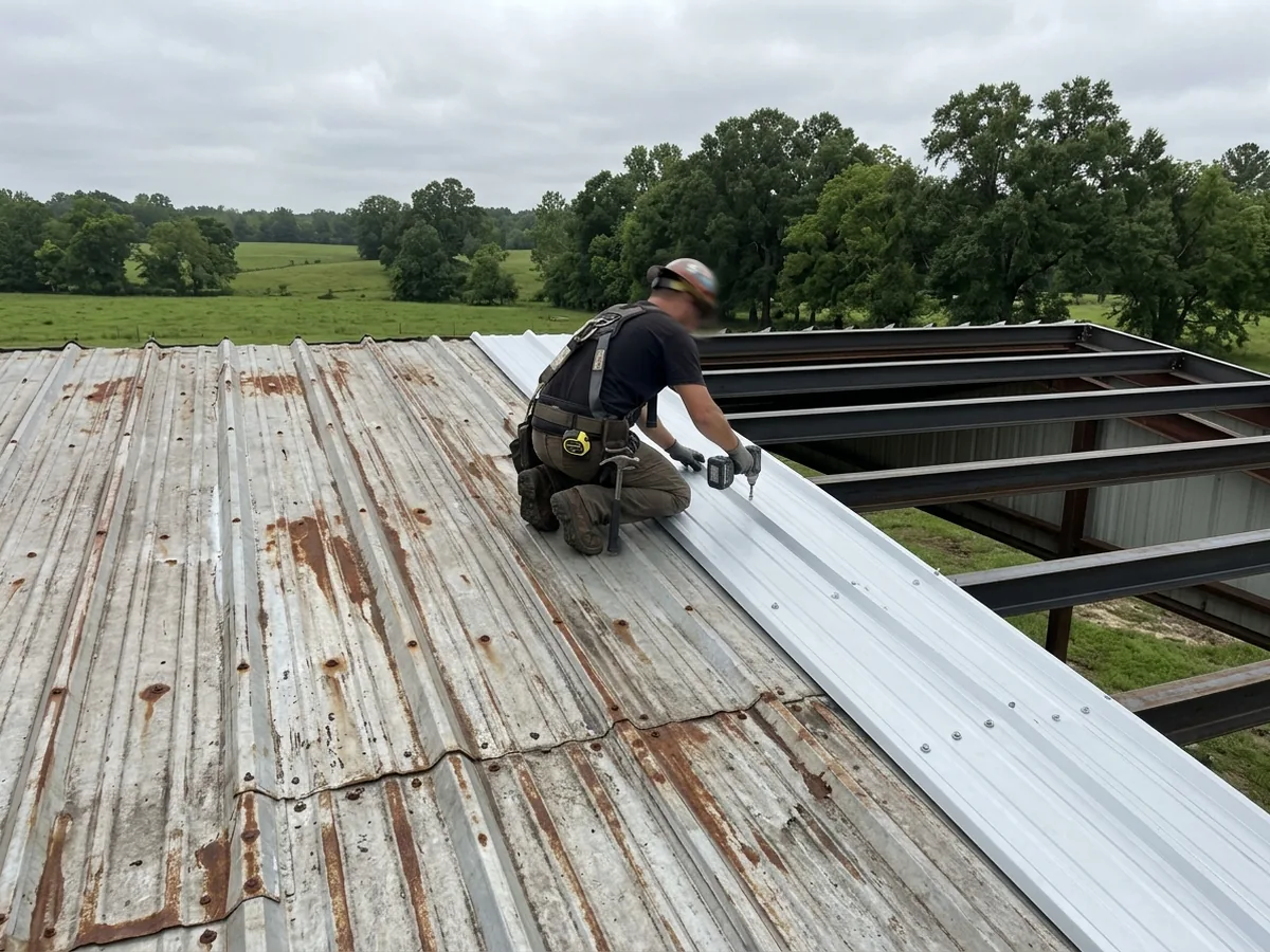 Worker seen from behind on a metal shop roof, laying a new silver PBR panel beside rows of old rust-streaked panels on steel purlins