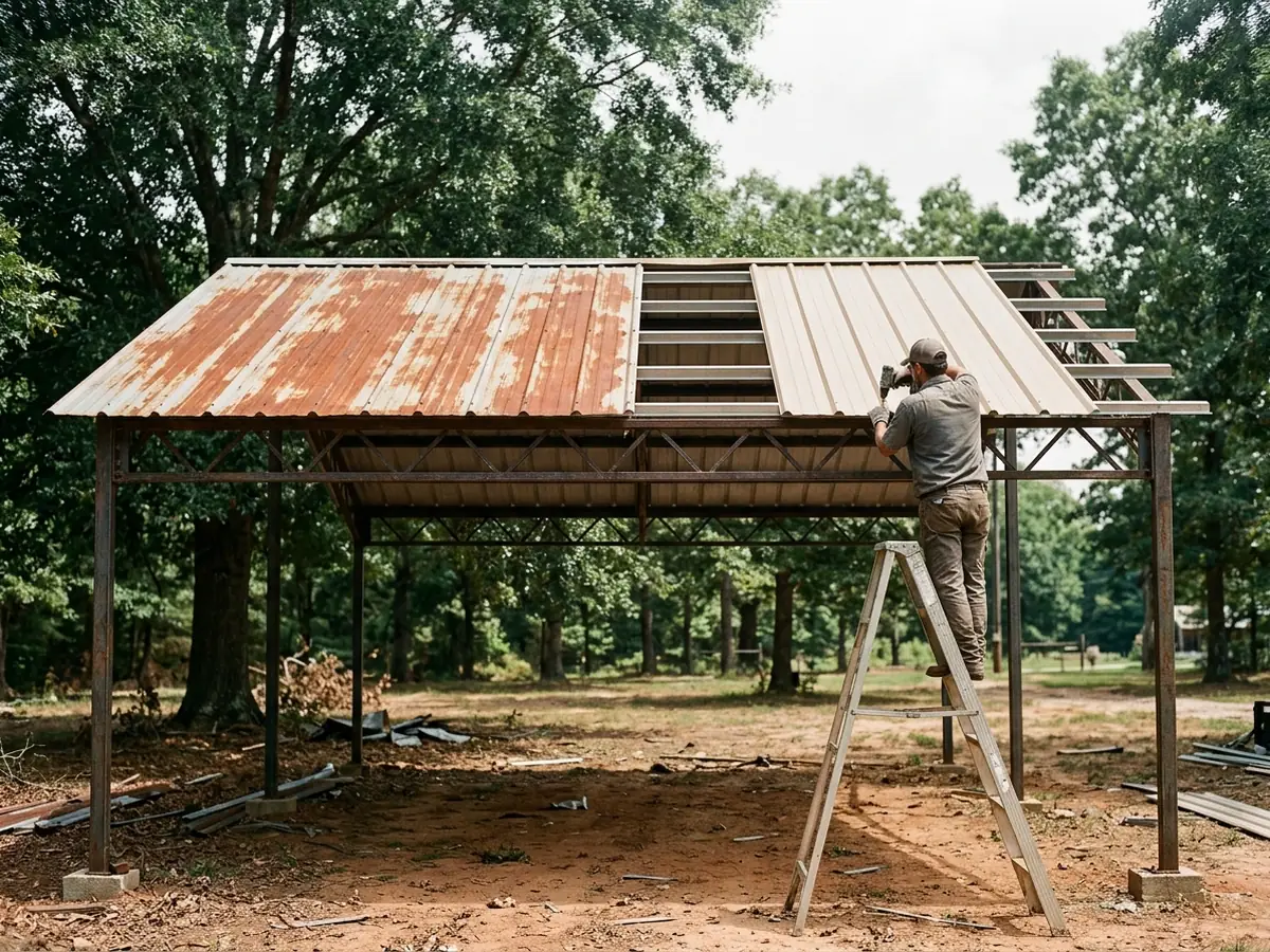 Old steel carport frame with half its rusted roof panels removed and new tan vertical panels being screwed down on the other half