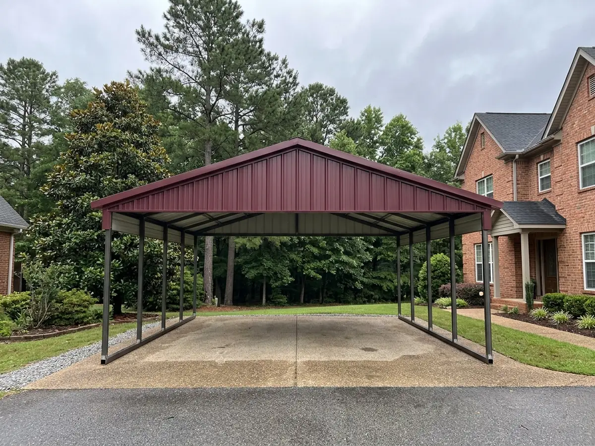 Carport with an A-frame roof whose metal panels run from the ridge cap straight down to the eaves, beside a two-storey brick house under loblolly pines