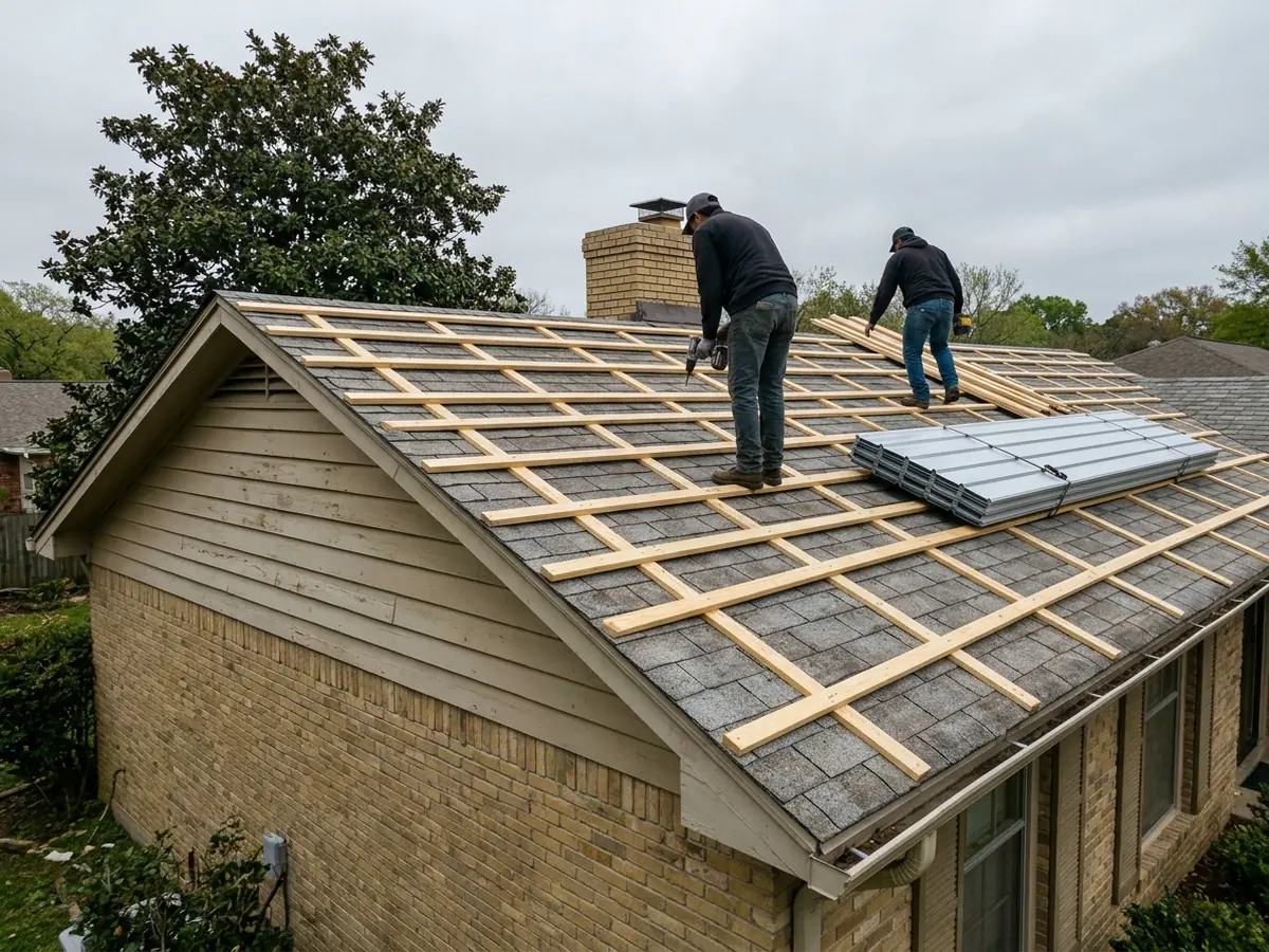 Rows of new 1x4 wood furring strips screwed across weathered grey shingles on a split-level house, a stack of silver ribbed panels resting near the ridge