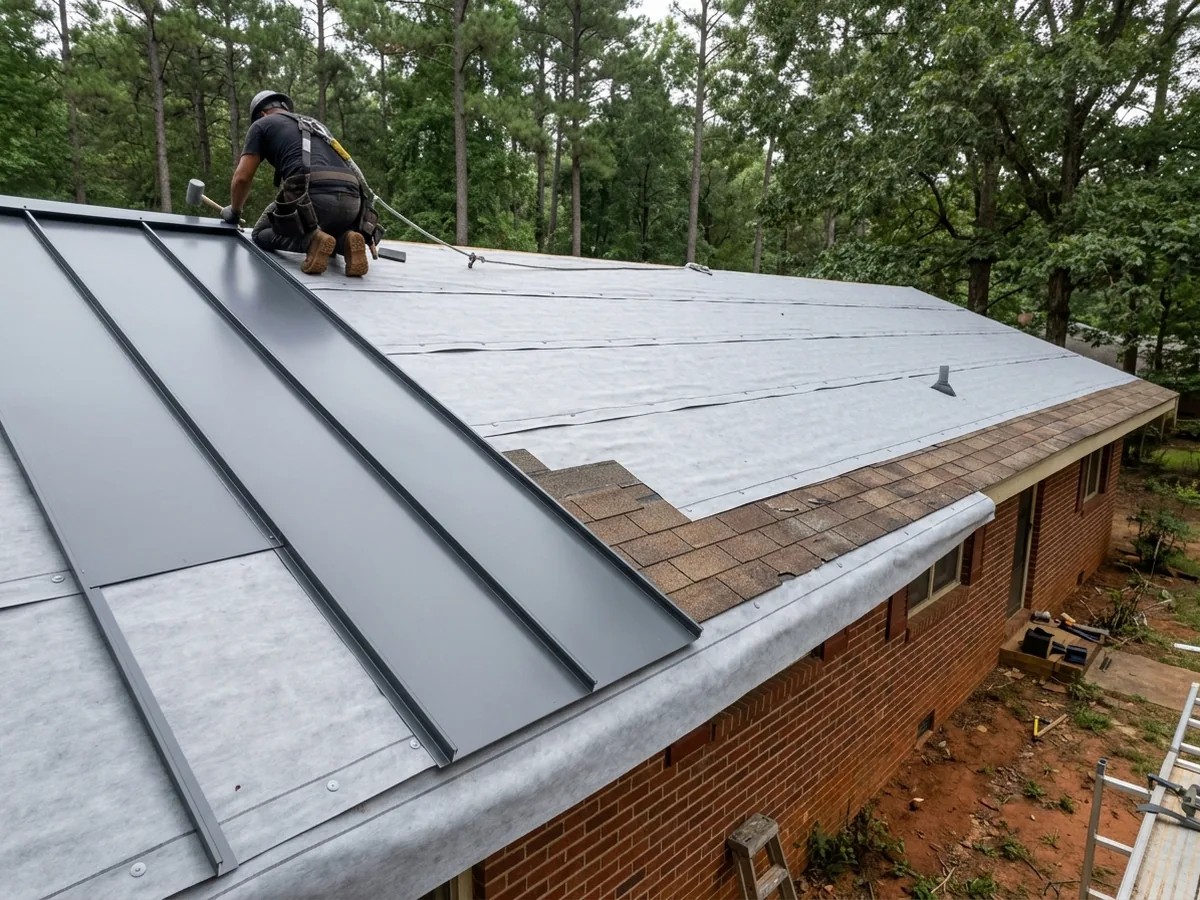 Grey synthetic underlayment rolled over old brown asphalt shingles, with the first charcoal metal panels fastened at one end of a brick ranch roof