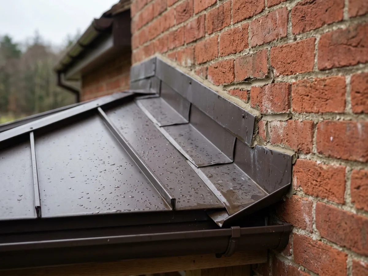 Close-up where a dark metal porch roof meets a brick wall, with step flashing and counterflashing set into the mortar joint and a kick-out at the eave