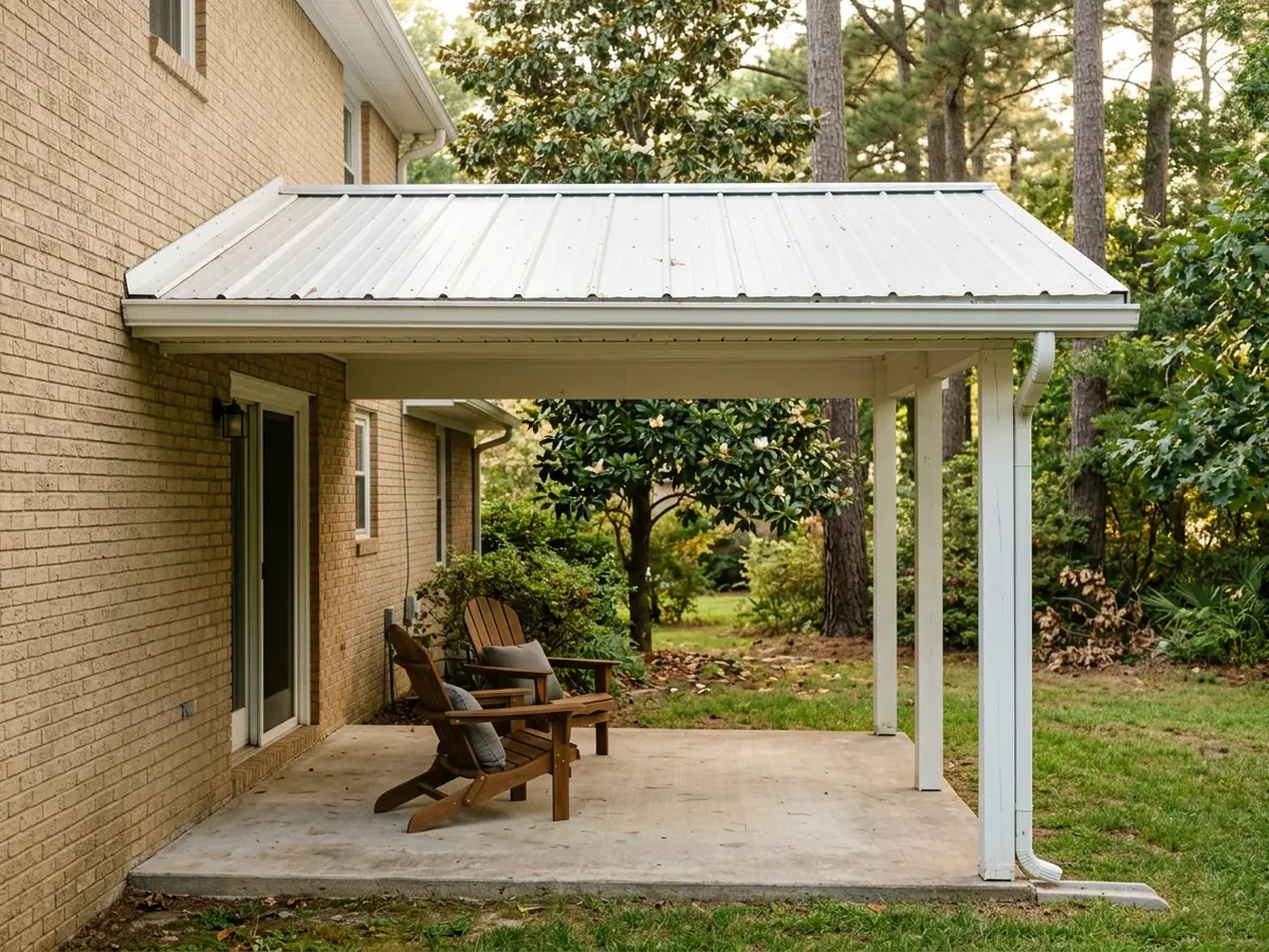 Patio cover with a low-slope white metal roof on square posts, attached to the back wall of a brick house over a concrete slab with outdoor chairs