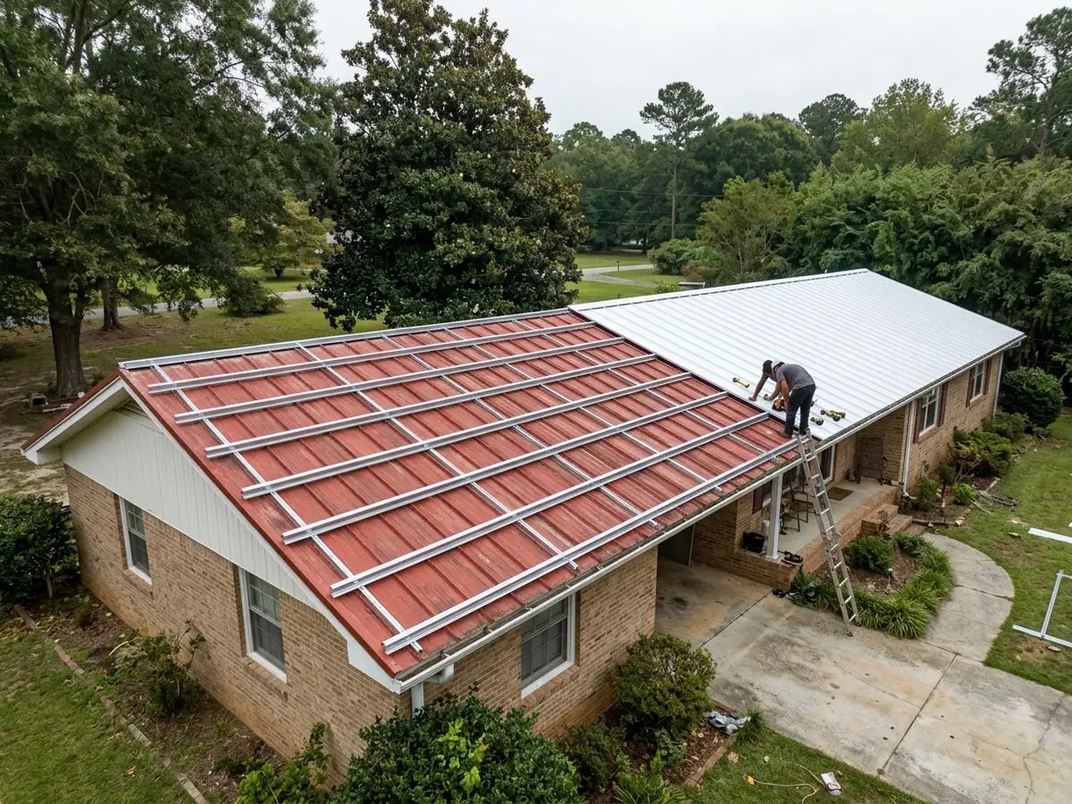 New galvanized steel Z-purlins fastened across the ribs of an old faded red metal roof, new white standing seam panels covering the far half of the roof