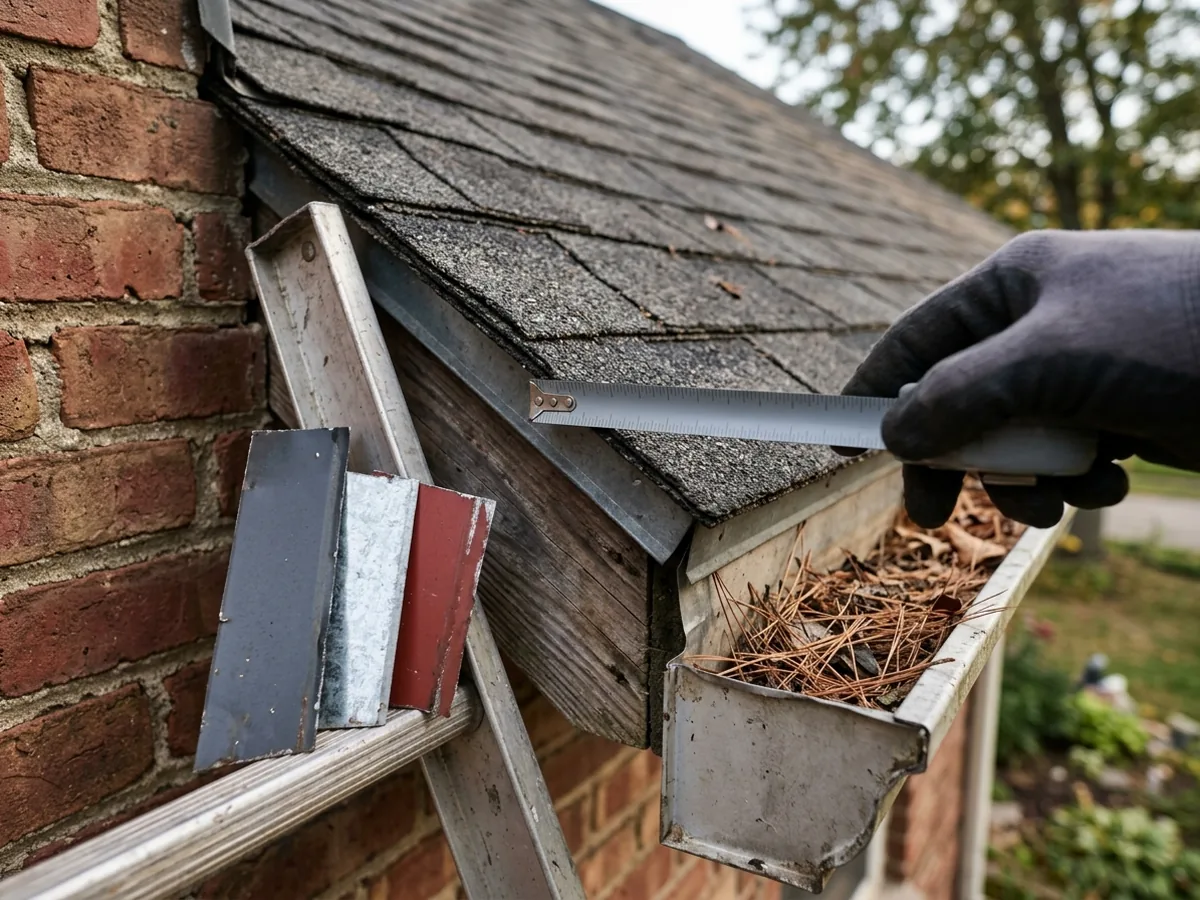 Gloved hand holding a tape measure at the eave of an old shingle roof, with charcoal, silver and red metal panel samples leaning on a ladder
