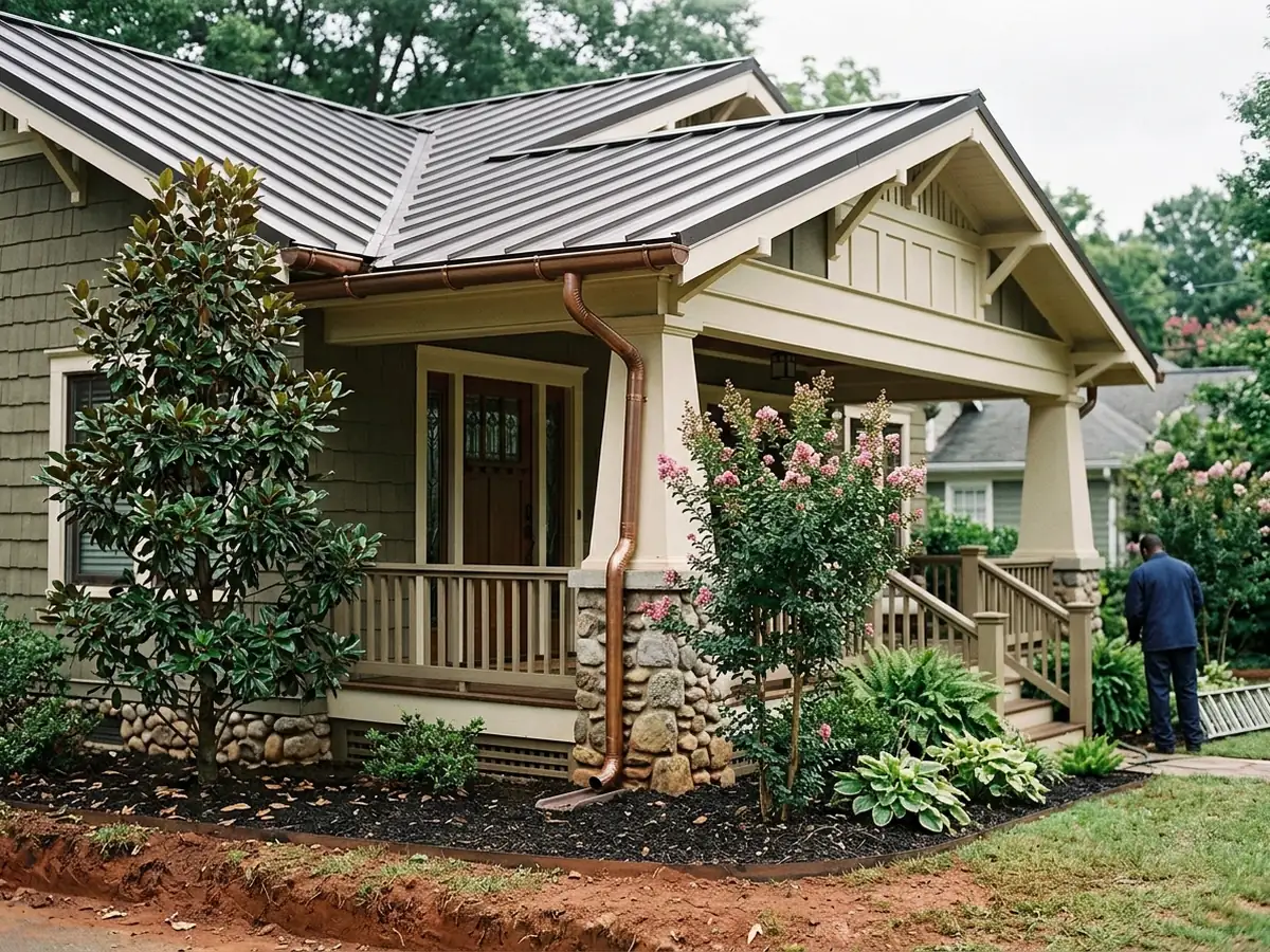 Half-round gutter with round downspout on a craftsman bungalow with a dark metal roof and tapered porch columns