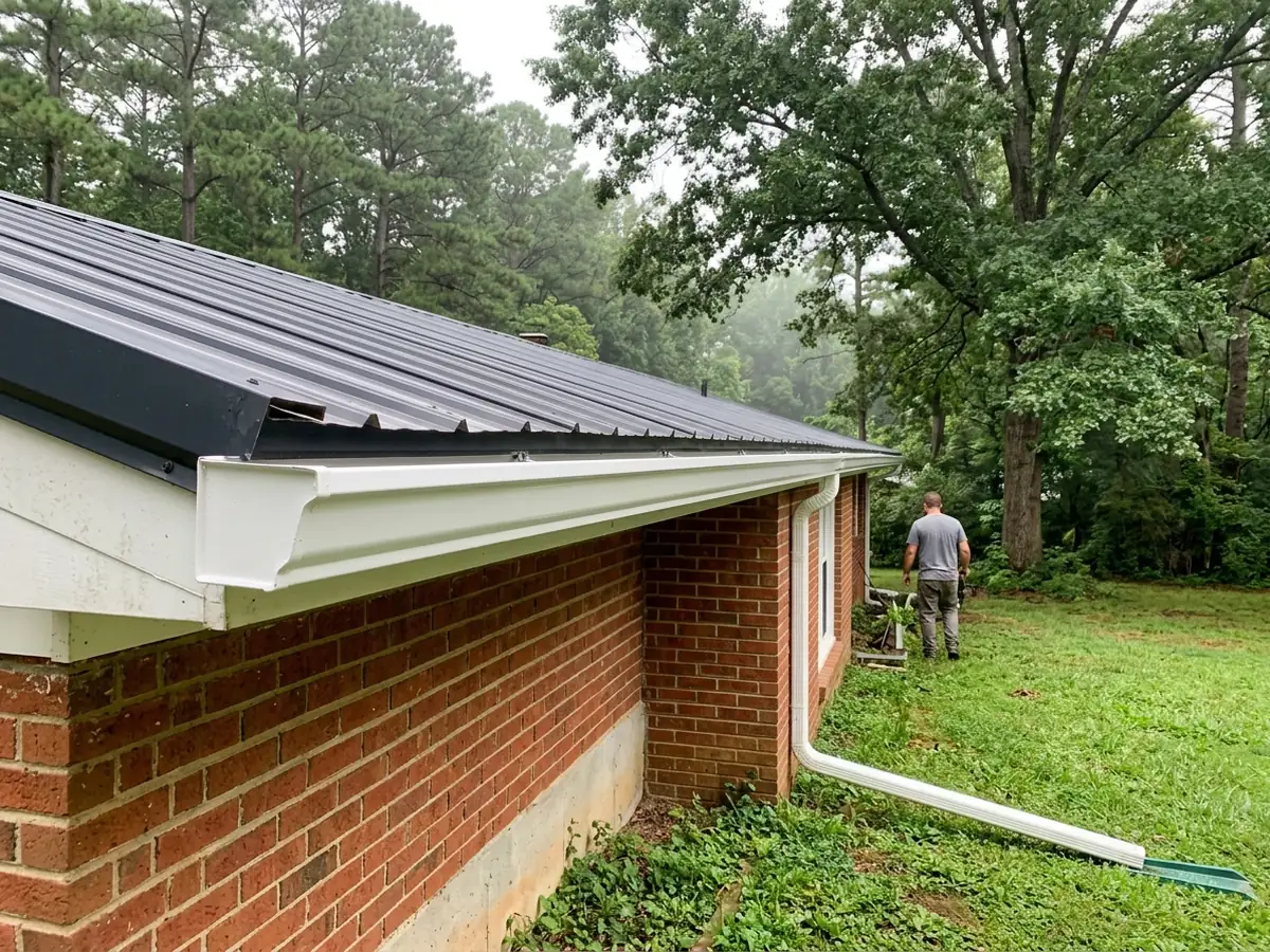 White seamless aluminum K-style gutter along the eave of a brick ranch with a charcoal standing seam metal roof