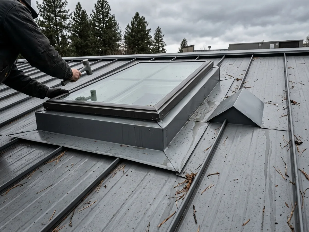 Skylight on a raised metal curb flashed into a gray standing seam metal roof, with a cricket on its uphill side