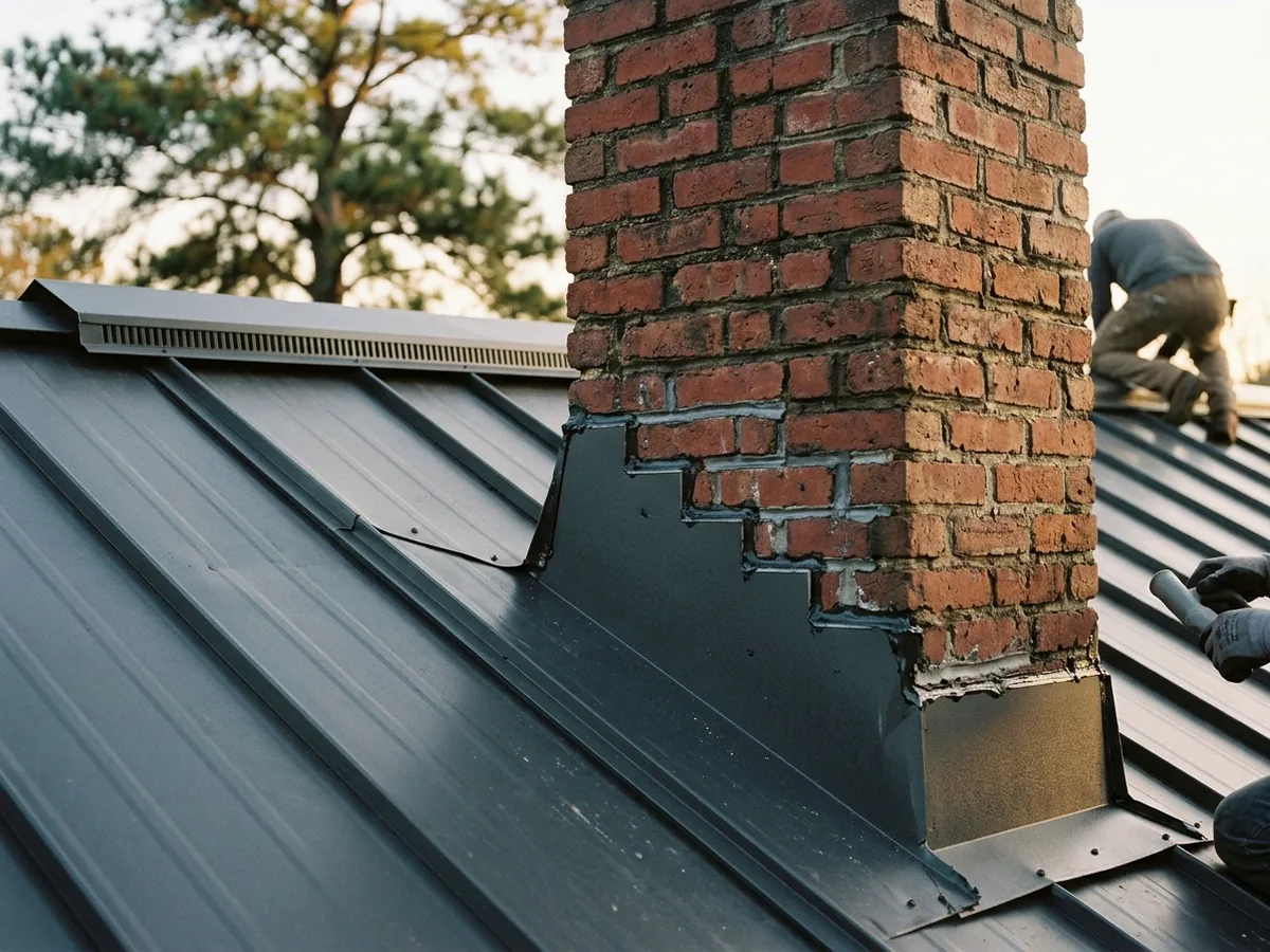 Close view of a new charcoal metal roof where it meets a brick chimney, with bent metal counterflashing let into the mortar joint and a vented ridge cap behind