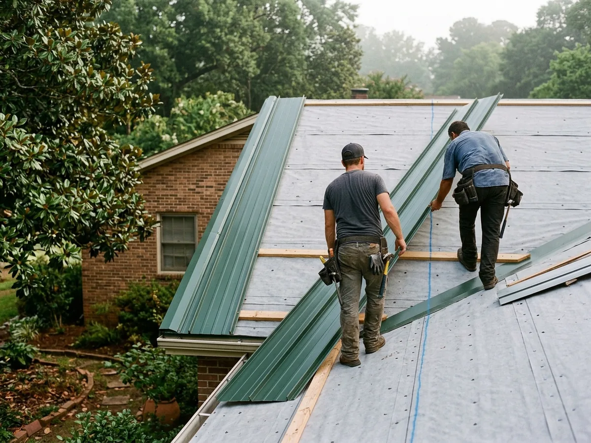 Two installers seen from behind and at a distance setting a long dark green metal panel square to the eave of a brick ranch roof, a chalk line visible on the underlayment
