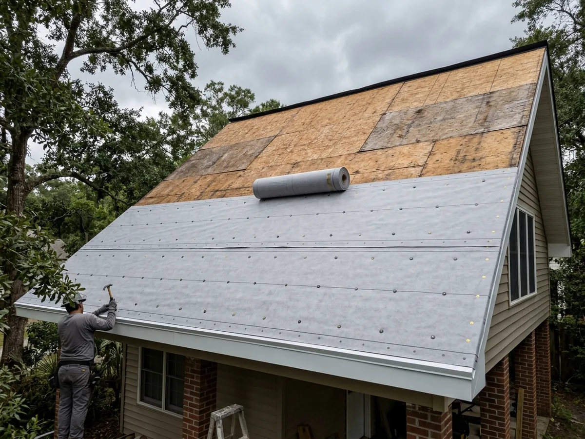 Bare roof deck half covered in light grey synthetic underlayment with cap nails in a grid, a roll of underlayment on the slope, overcast sky