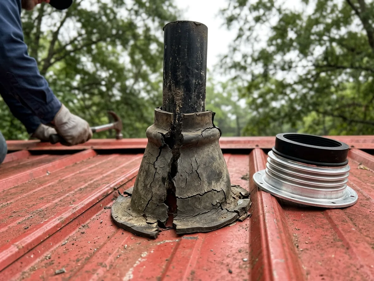 Cracked grey rubber pipe boot around a plumbing vent on a red ribbed metal roof next to a new replacement boot with a flexible aluminum base