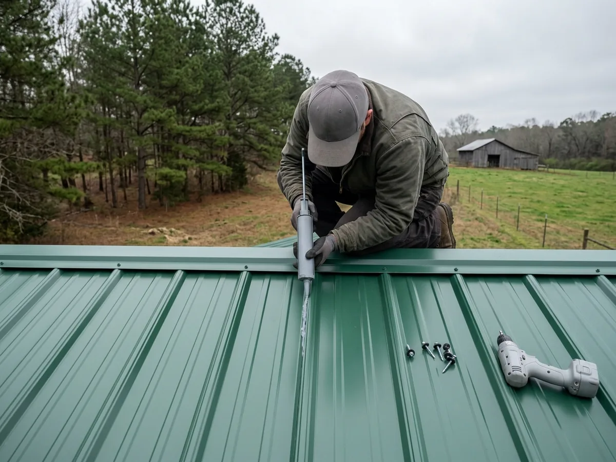 Roofer seen from behind kneeling on a green ribbed metal roof, pressing a bead of sealant into a lifted side lap where two panels overlap