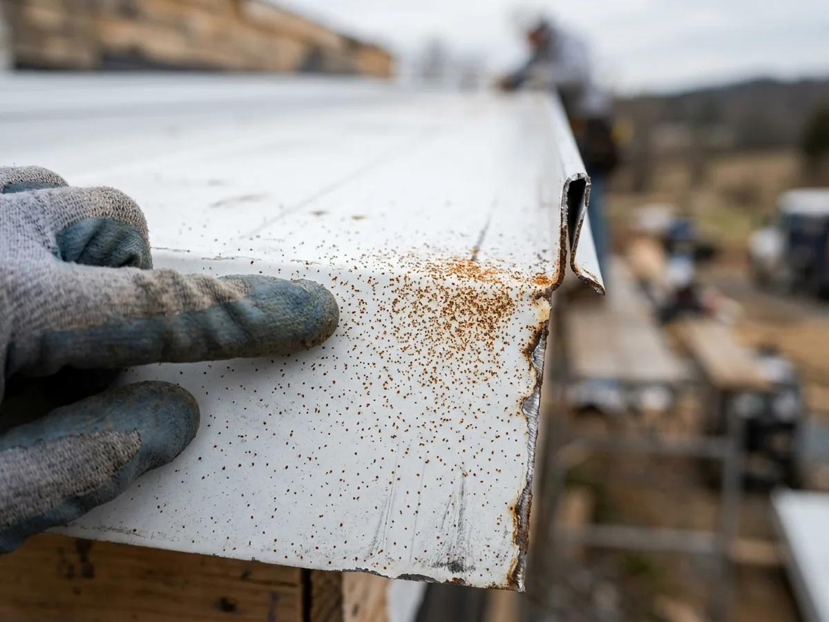 Close view of fine orange rust specks scattered on the flat of a white metal roof panel near a cut edge, a gloved hand pointing at them