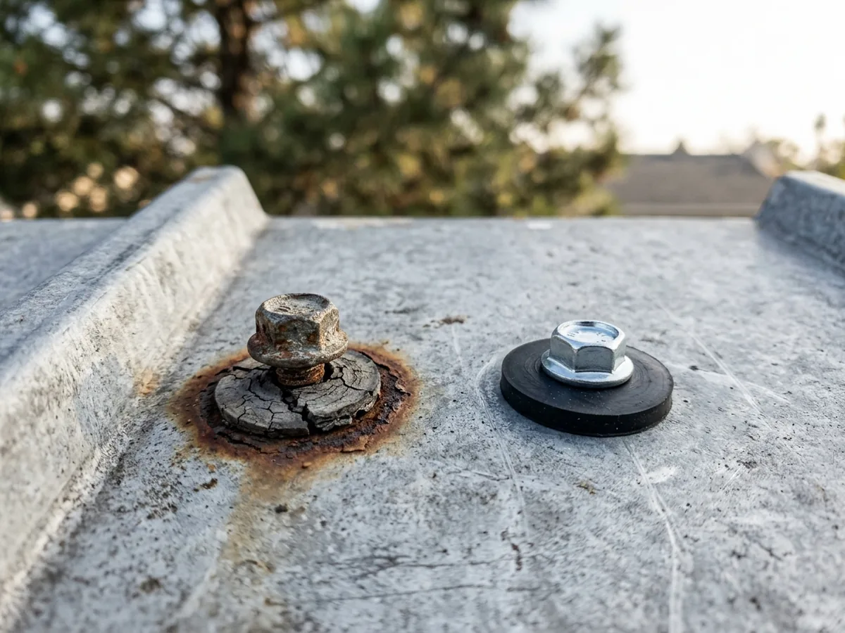 Close view of a weathered exposed-fastener metal roof with one old rusty screw and cracked washer beside a fresh hex-head screw with a new black washer