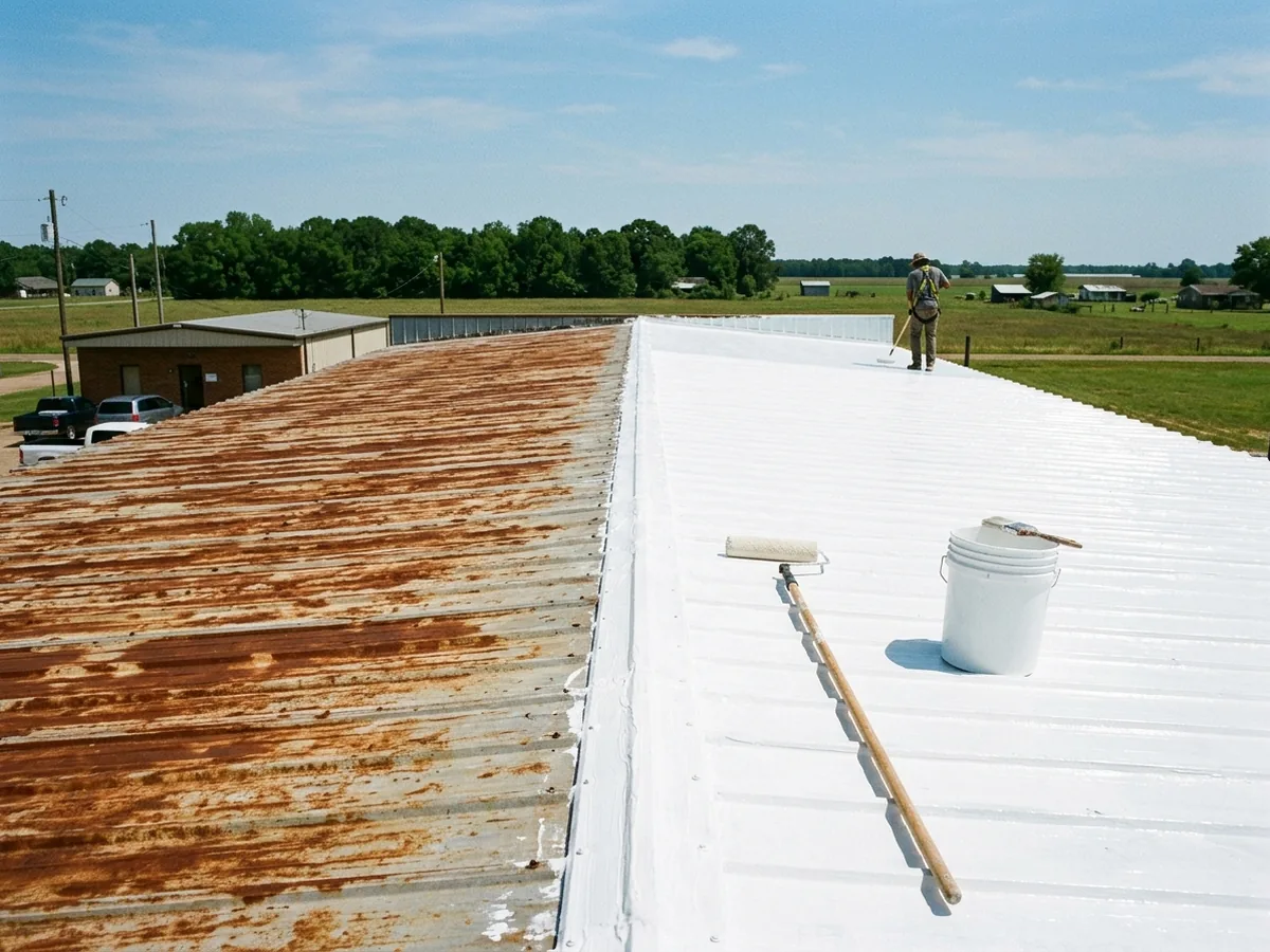 Low-slope corrugated metal roof half faded and rust-stained, half freshly rolled in bright white elastomeric coating, roller and unlabeled bucket on the roof