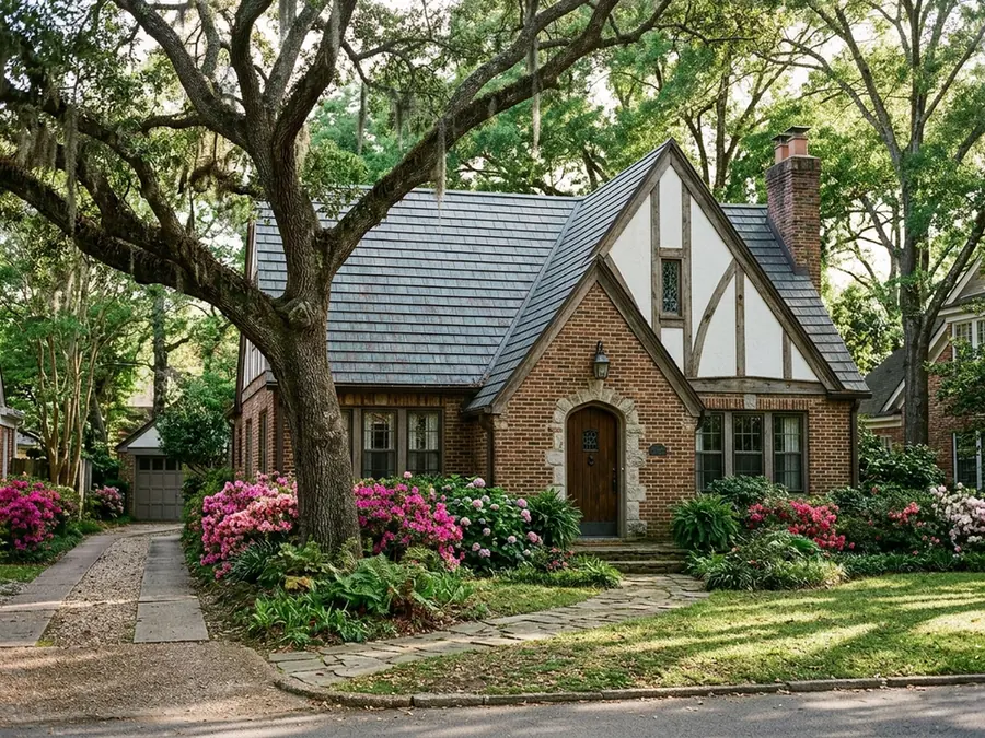 Brick Tudor revival cottage with steep gables roofed in slate-grey stamped metal shingles, a live oak and azaleas in front