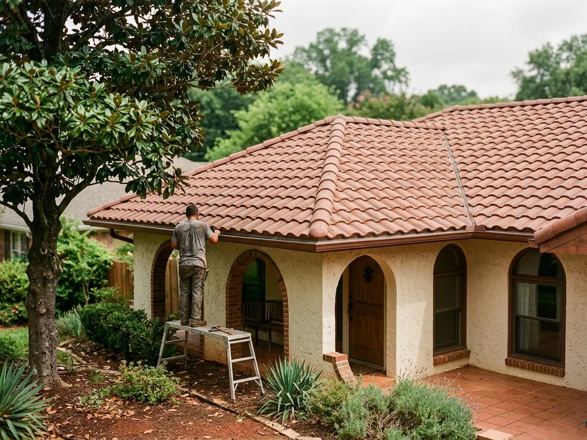 Terracotta-colored metal panels pressed into rows of rounded barrel tile shapes on the low hip roof of a stucco-and-brick house, magnolia tree in front