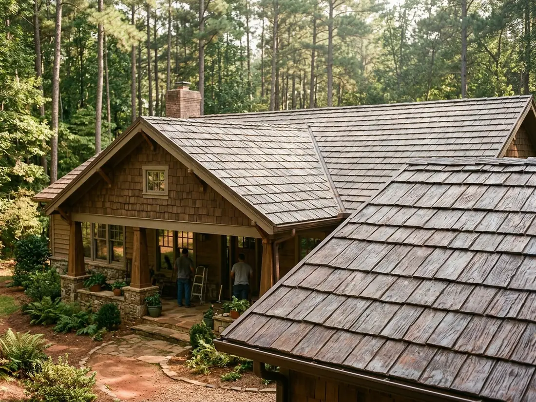 Brown cedar-shake-pattern metal shingles with deep wood-grain embossing and ragged butt edges on a craftsman bungalow roof, pine trees behind