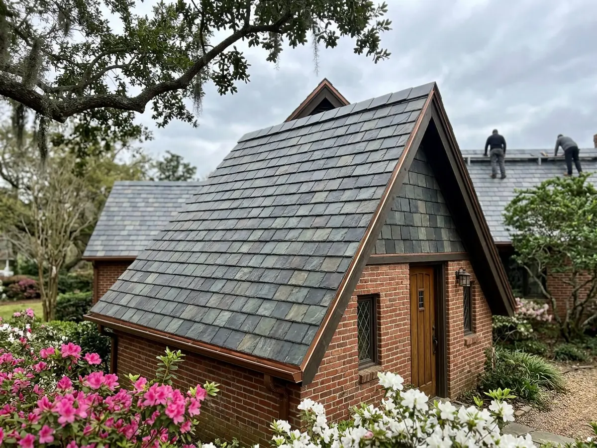 Grey-black slate-pattern metal shingles with straight bottom edges and subtle color variation on a steep gable over a brick cottage entry
