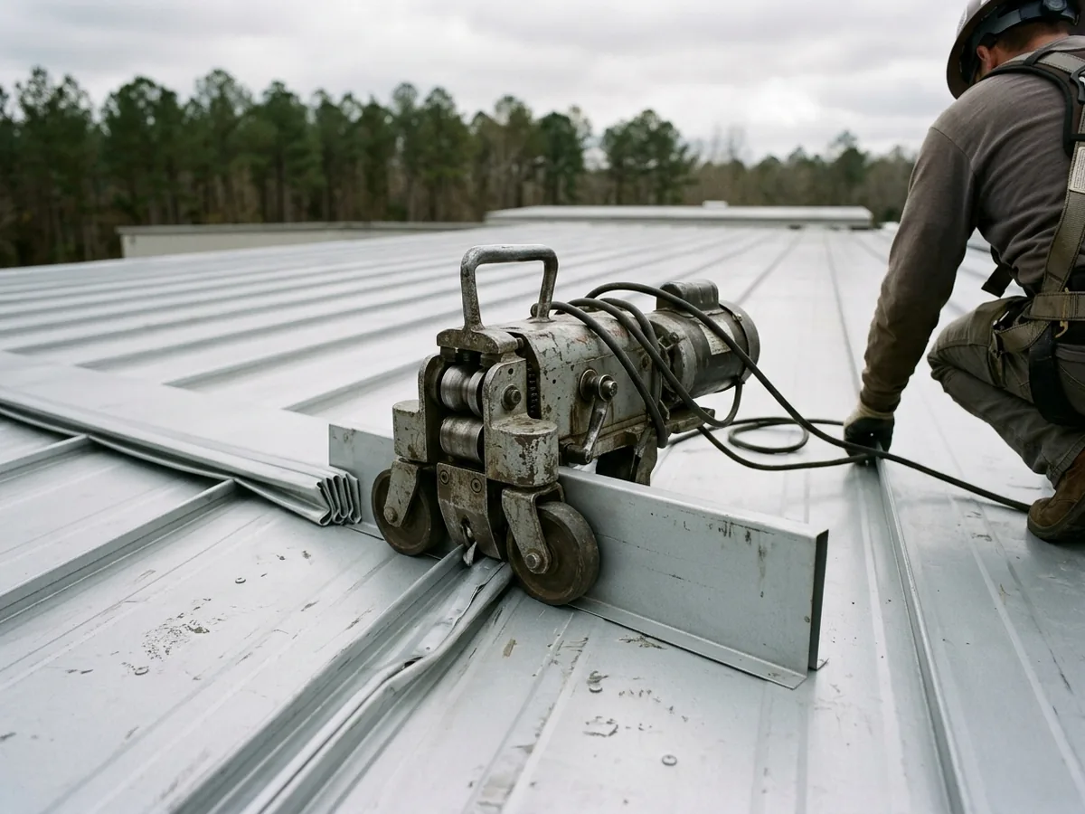 Close view of a grey motorized seamer rolling along a raised standing seam rib, folding it shut on a silver-grey metal roof