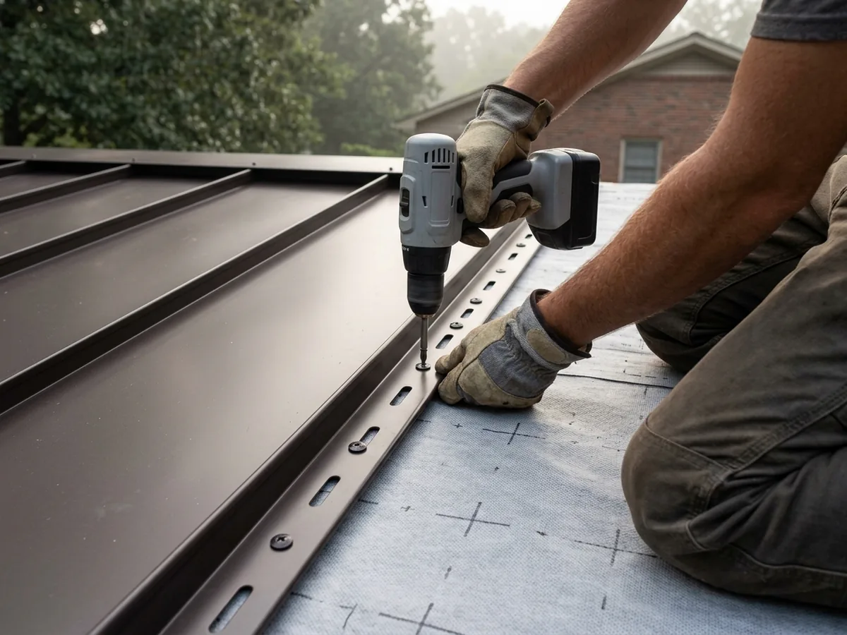 Installer seen from behind screwing the slotted nailing flange of a dark bronze standing seam panel to a roof deck covered in grey underlayment