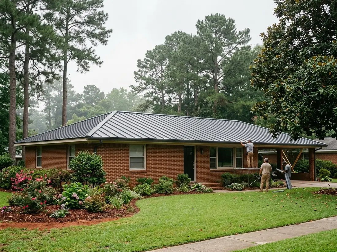 Charcoal snap-lock standing seam panels with evenly spaced raised seams on the hip roof of a single-storey brick house