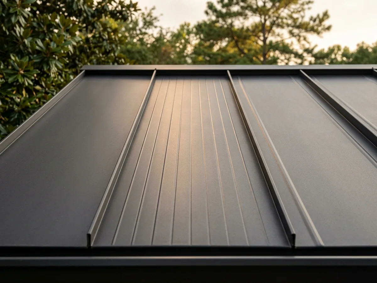 Three standing seam panels side by side on a roof, one with a smooth flat pan, one with fine striations and one with two pencil ribs, in matte dark grey