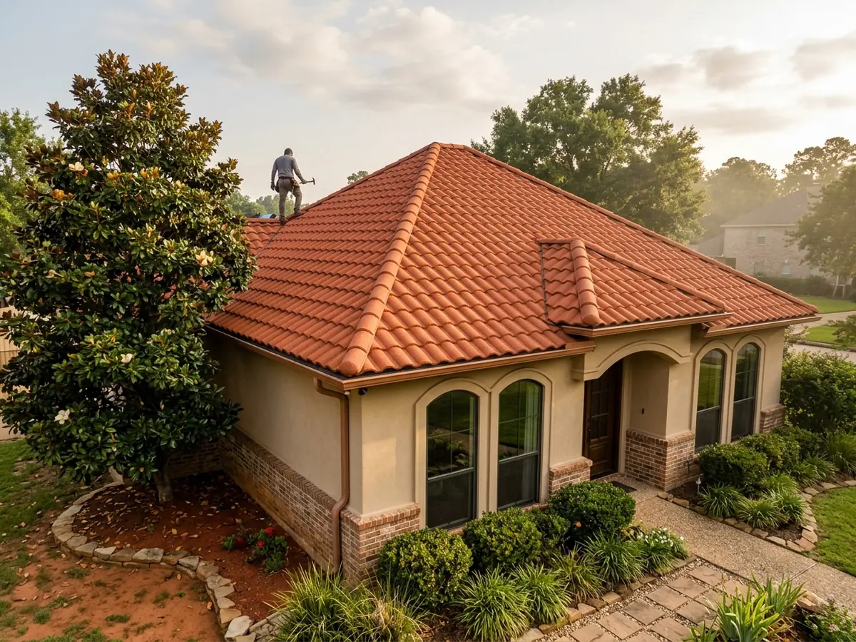 Terracotta stone-coated steel barrel tile roof on a stucco and brick house with arched windows