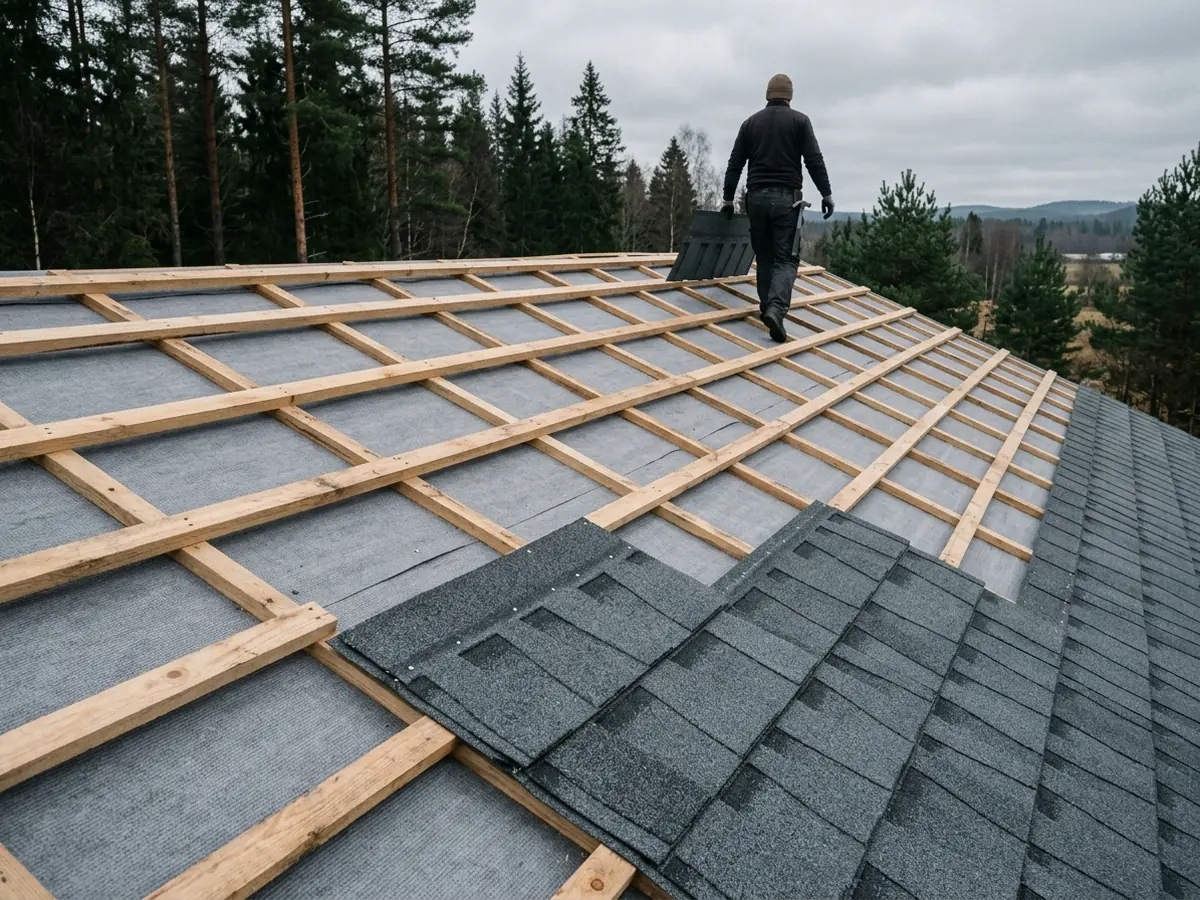 Wood batten grid fastened over a roof deck with stone-coated steel panels installed on the lower rows