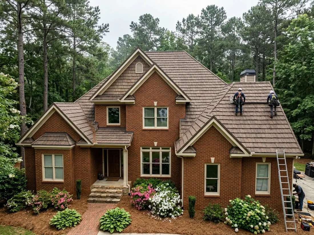 Brown stone-coated steel shake roof with deep shadow lines on a two-story brick house, pines behind